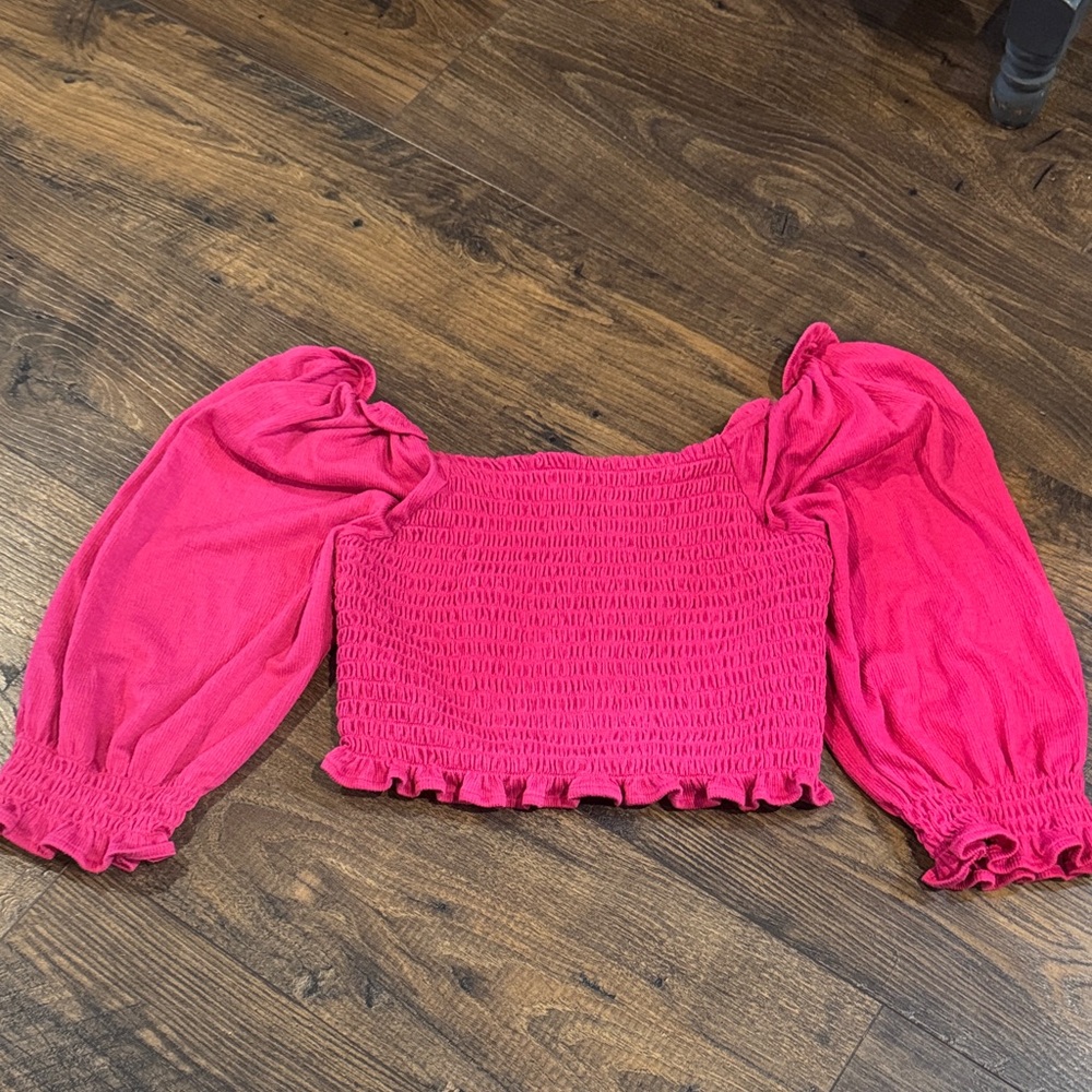 Free People Small Women's Hot Pink Smocked Puff Sleeve Crop Top